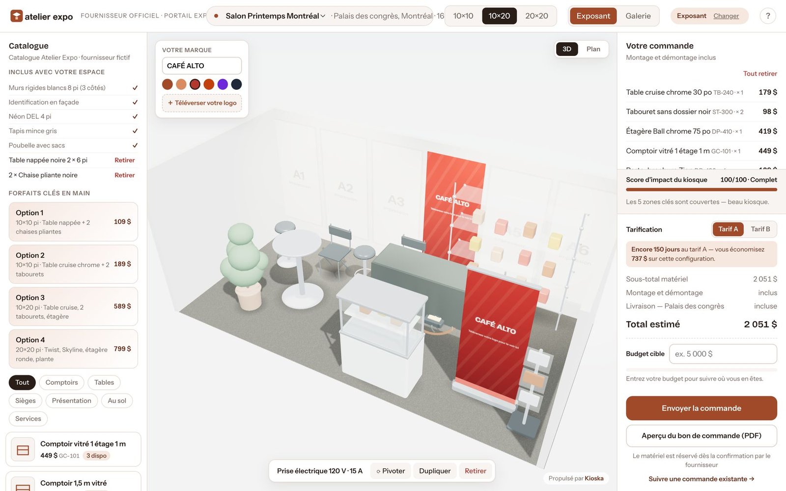 Configurateur de l'exposant : catalogue, kiosque 10 × 20 en 3D aux couleurs de Café Alto, commande à 2 051 $